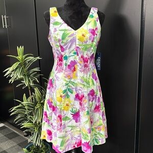 Chaps sleeveless A-line,flair,V-neck,zipper back midi dress, pastel florals